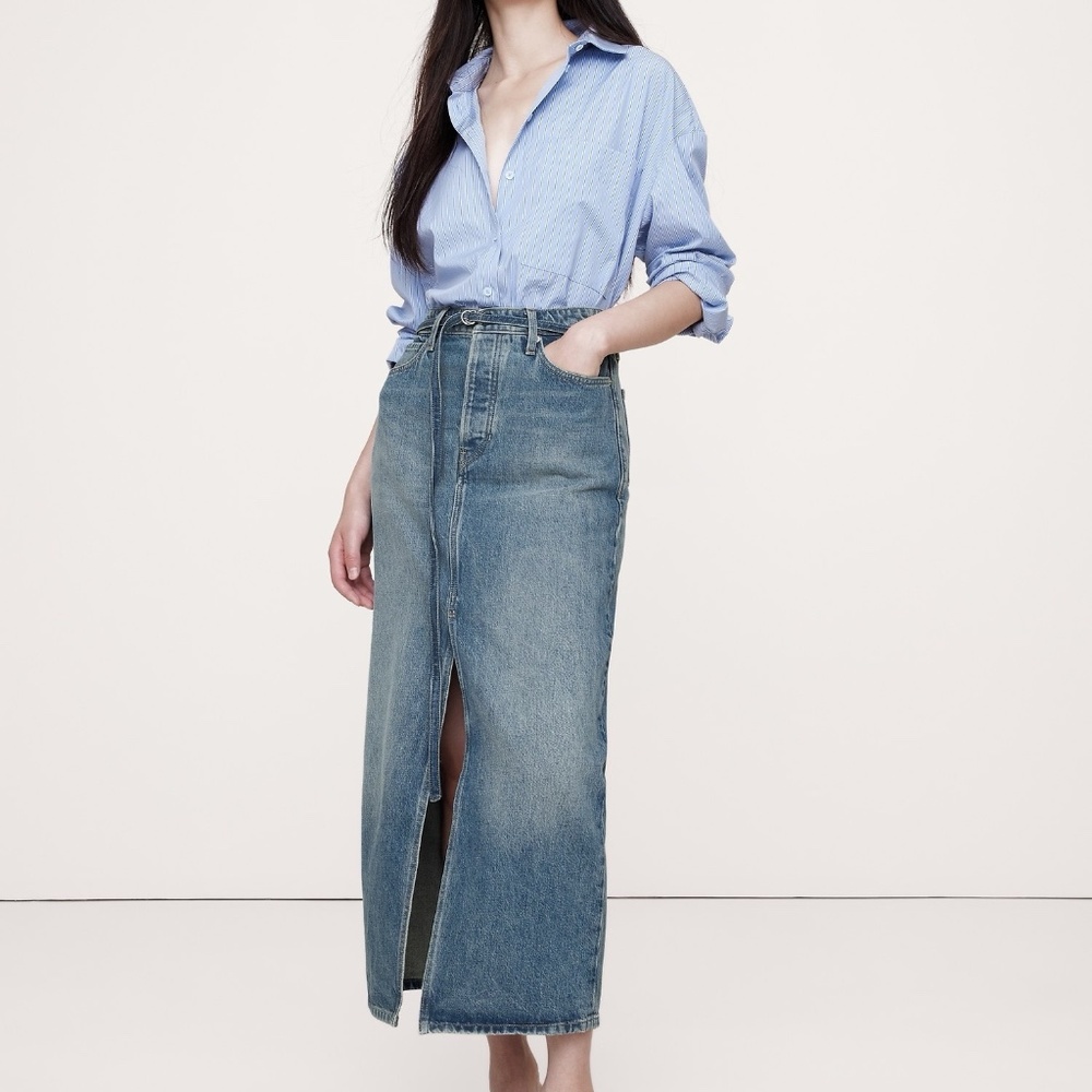 NWT Banana Republic Blue Denim 5-Pocket Belted Longline Front Slit Skirt Size 14